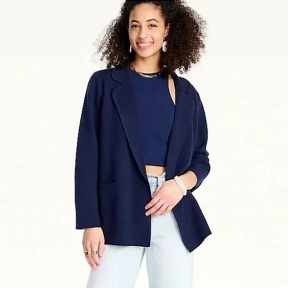 J Crew Sophie Open Front Sweater Blazer Sz S Navy Cardigan Collar Pockets J0244 - Picture 3 of 7